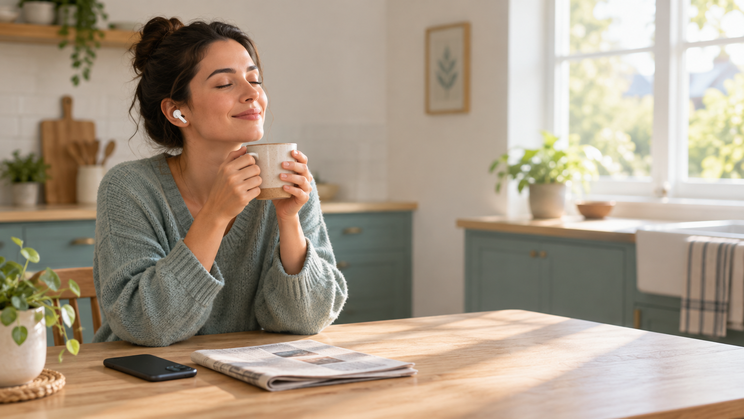 A relaxed adult wearing small wireless earbuds, holding a cup of coffee, eyes softly closed while listening